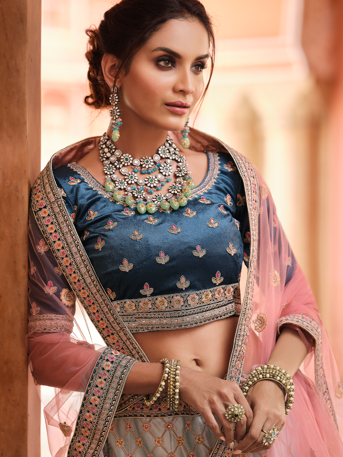 Blue Embroidered Velvet Semi Stitched Lehenga With Unstitched Blouse