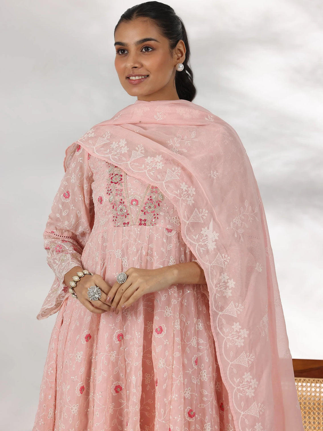 Mameraa Pink Embroidered Organza Anarkali Suit With Dupatta