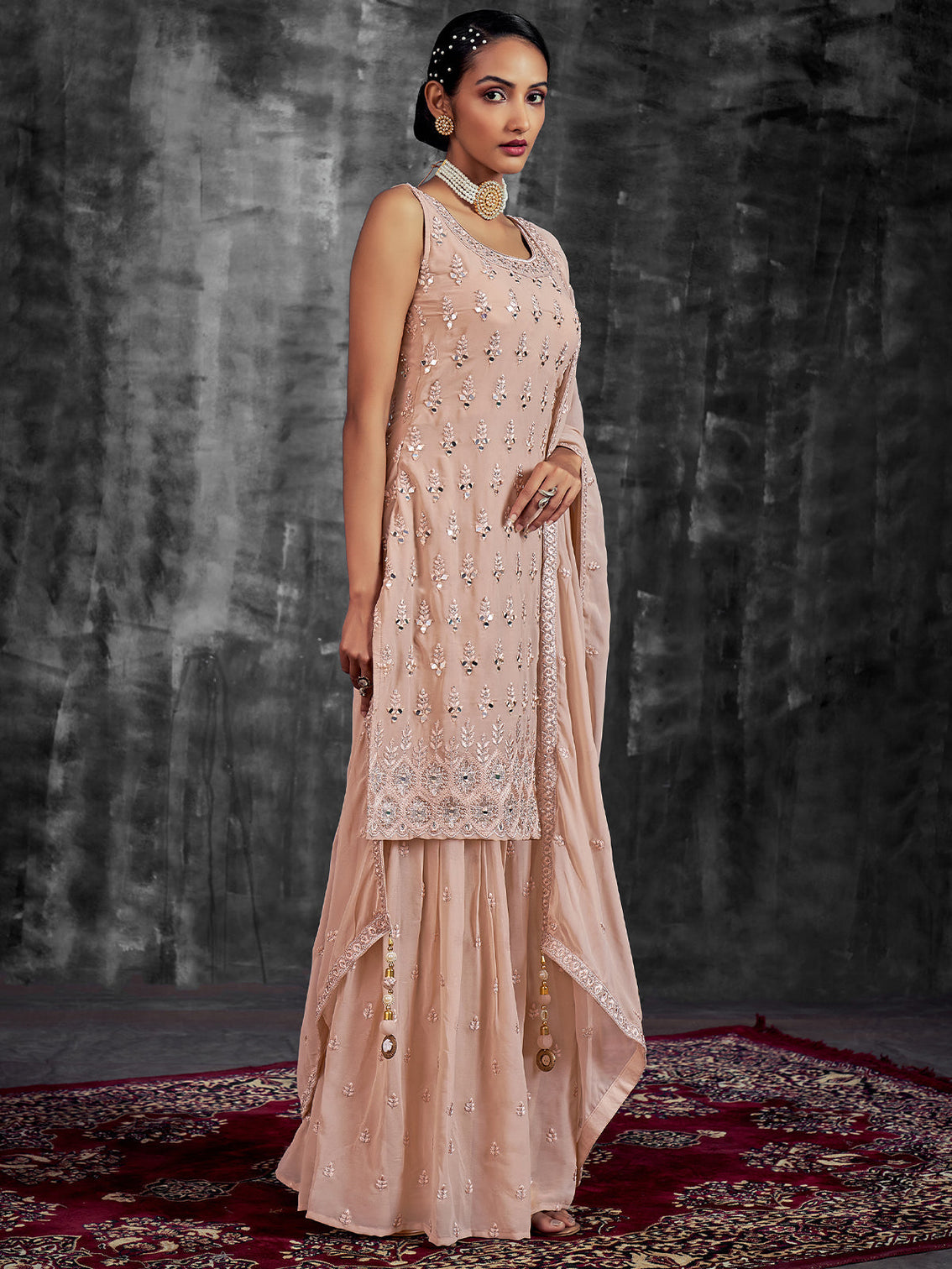 Classic Embroidered Peach Georgette Stitched Kurta Set