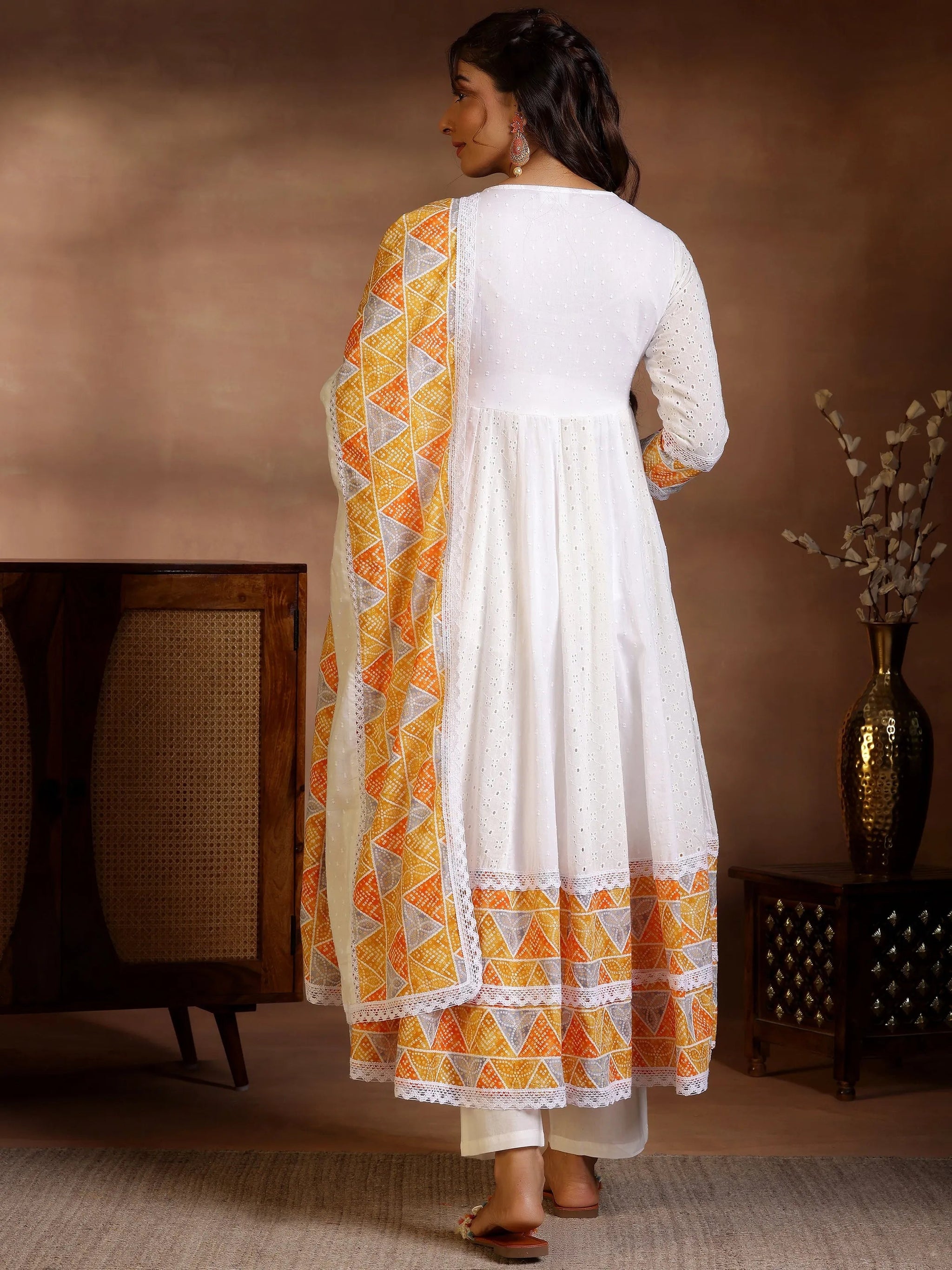 Libas White Self Design Cotton Anarkali Suit With Dupatta