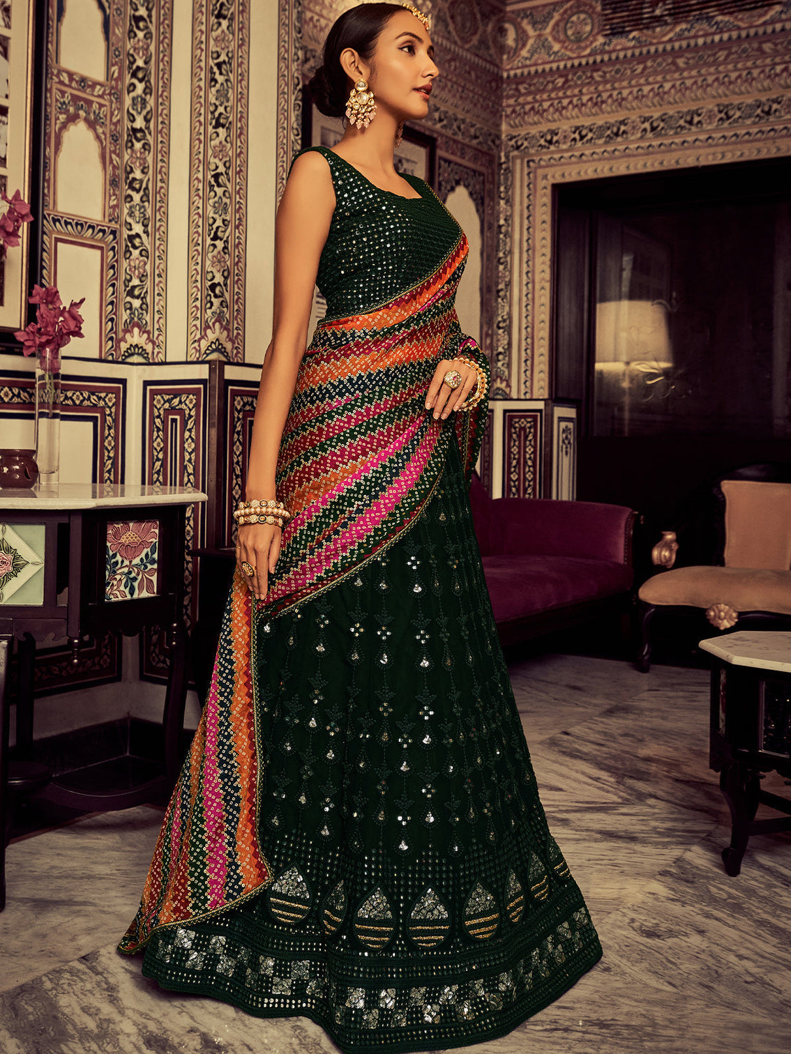 Green Embroidered Georgette Semi Stitched Lehenga With Blouse Piece