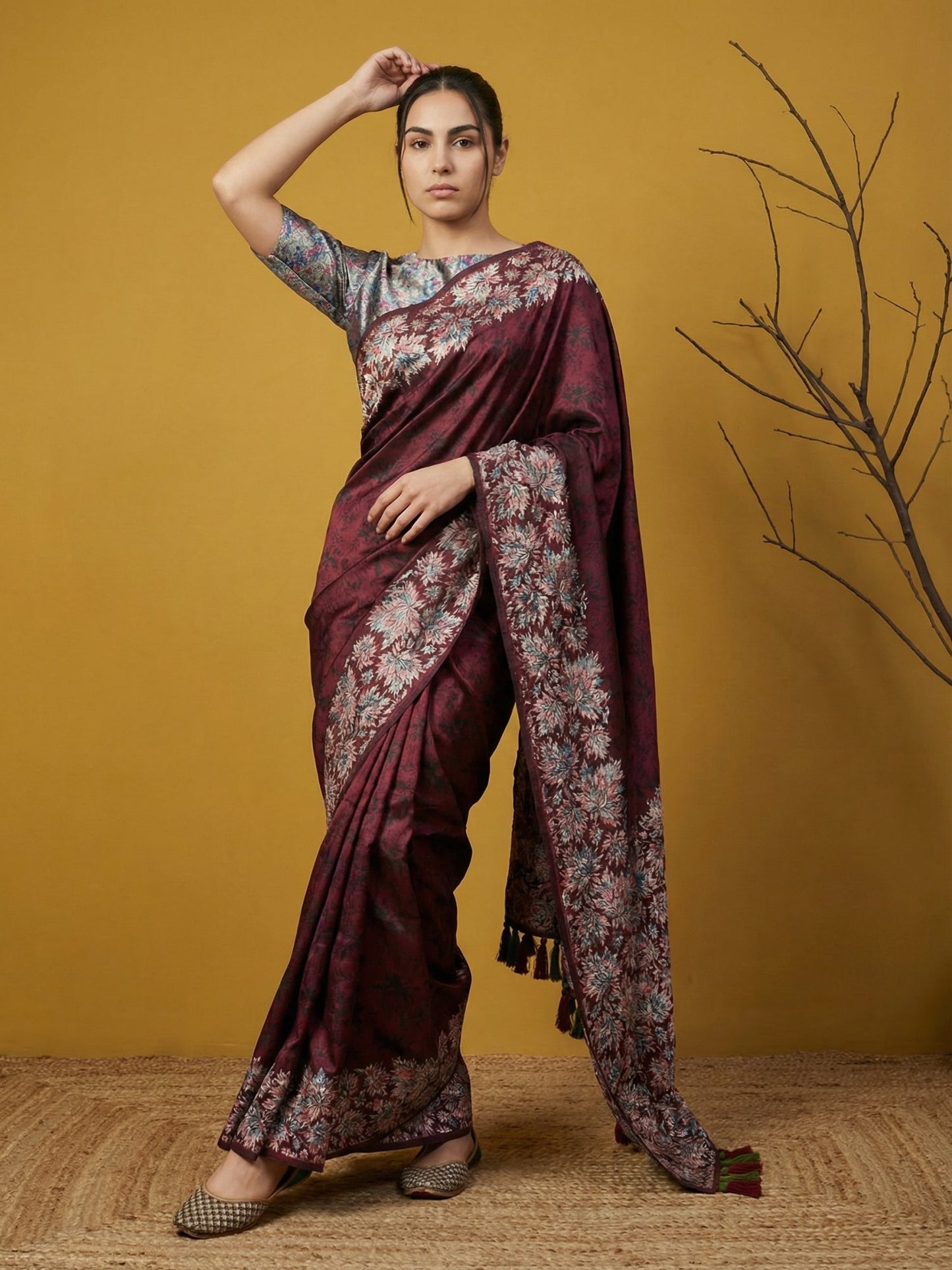 Soft Silk Printed Floral Saree with Rainbow Zari Woven Pallu and Contrast Blouse Festive Party Wear Saree