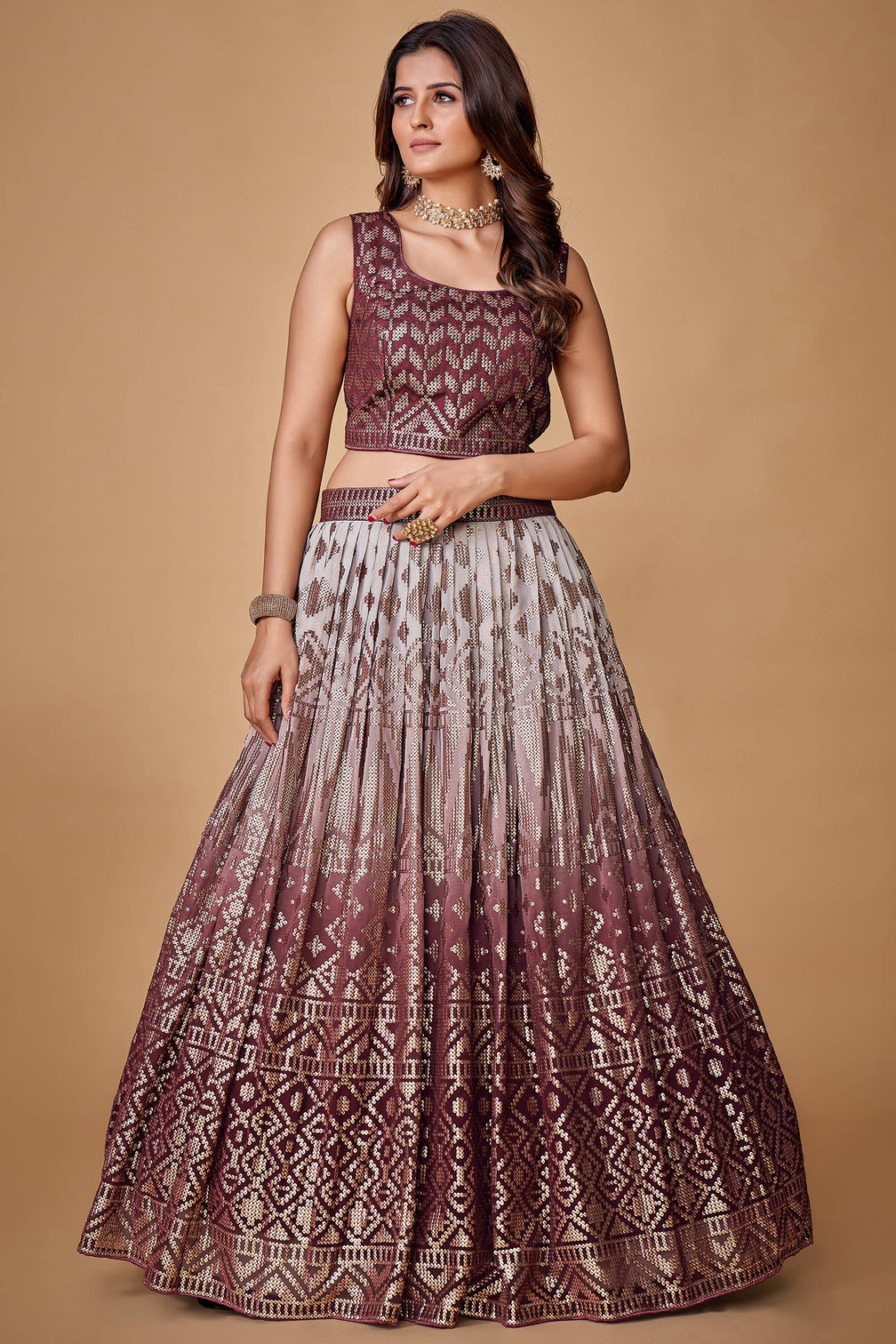Purple Sequins Work Georgette Wedding Wear Lehenga Choli