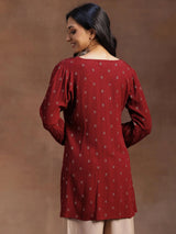 Libas Maroon Woven Design Viscose Rayon A-line Kurti