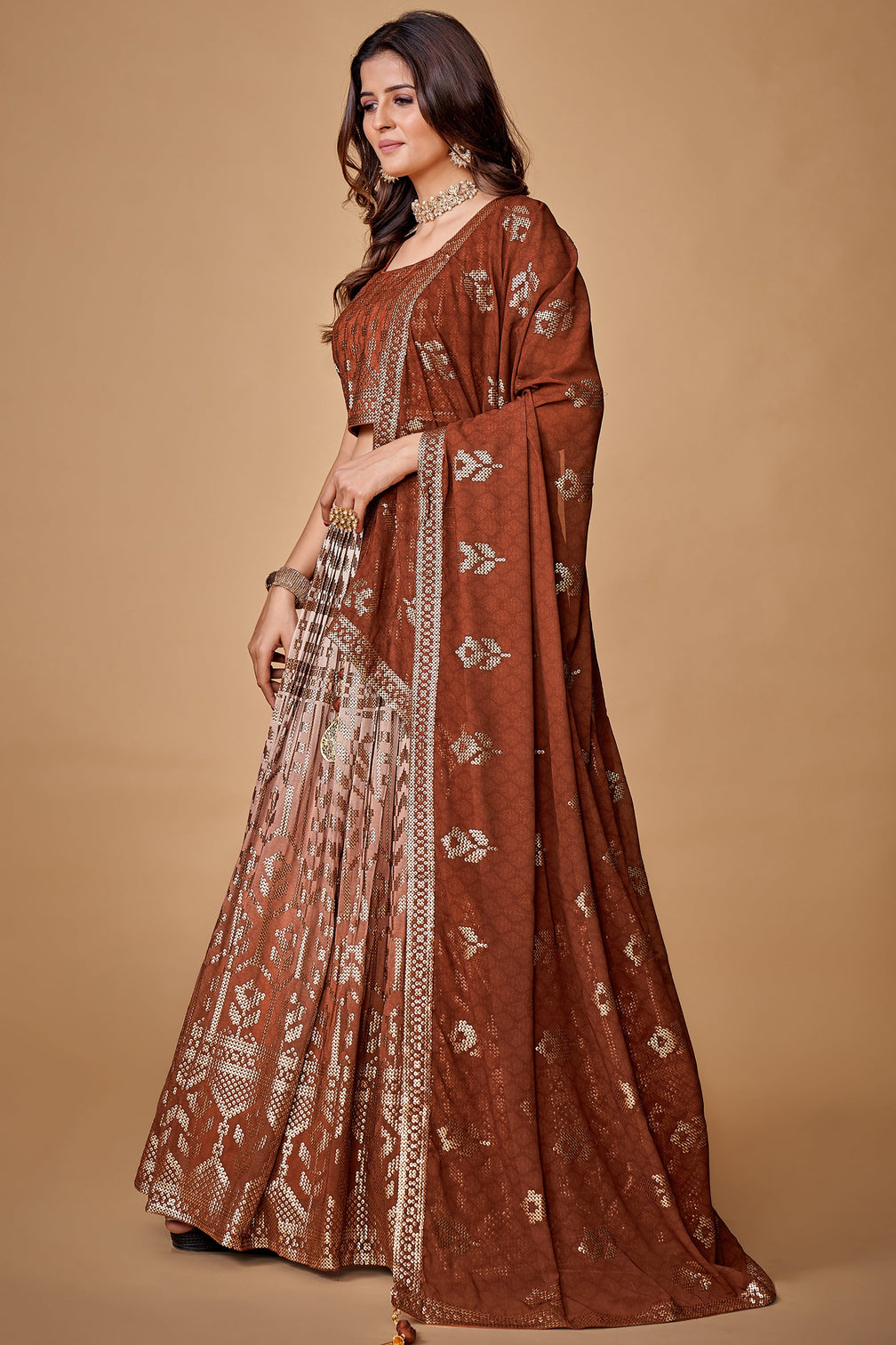 Brown Sequins Work Georgette Wedding Wear Lehenga Choli