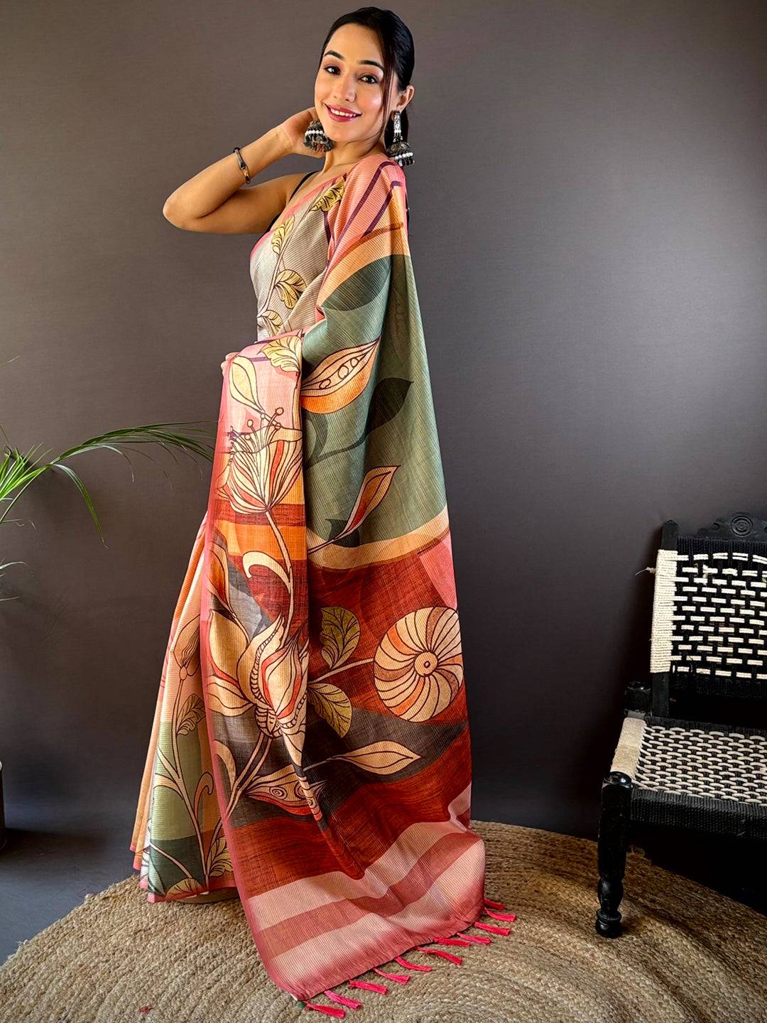 Rose Pink Zari Tussar Printed Saree