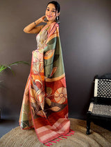 Rose Pink Zari Tussar Printed Saree