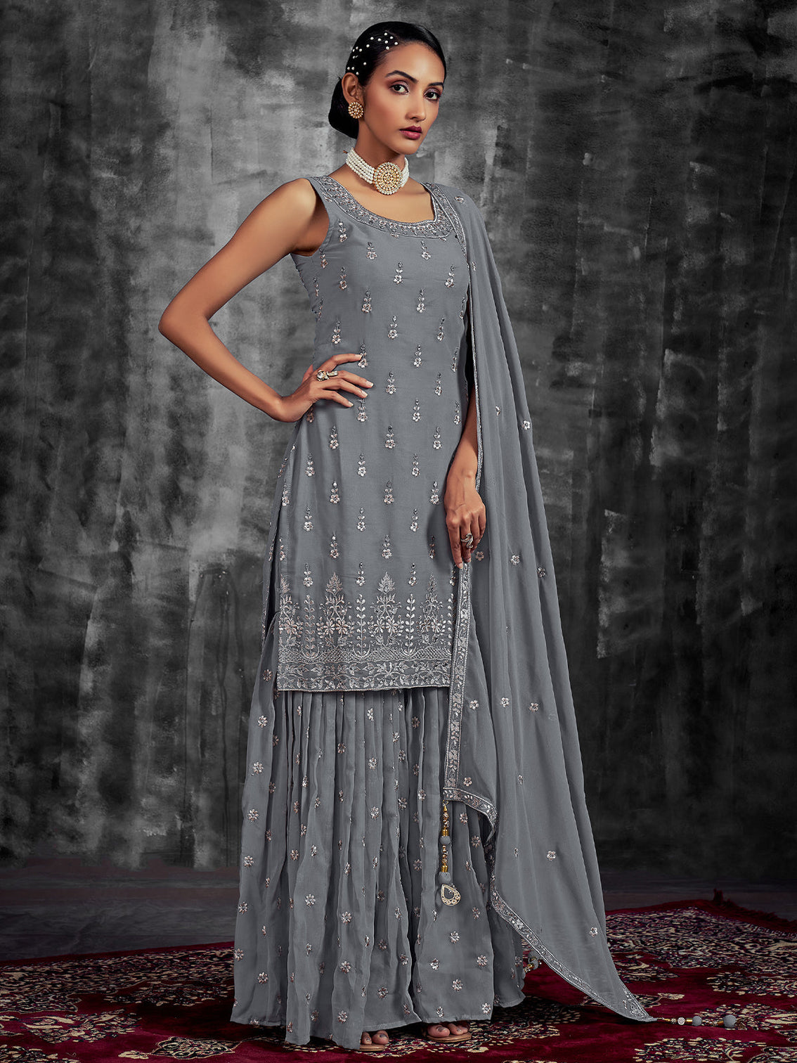 Grey Embroidered Partywear  Stitched Kurtaset