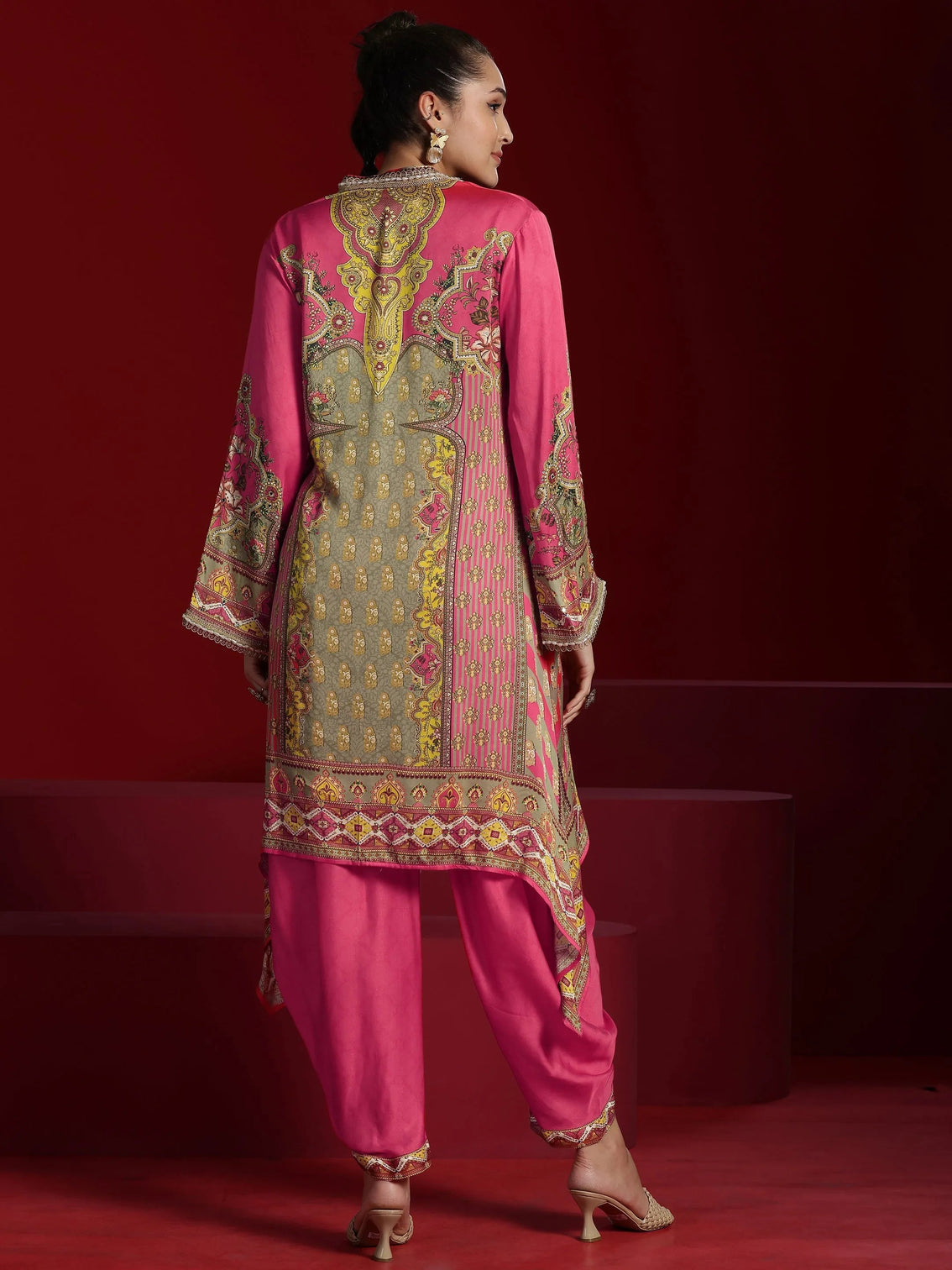 Mameraa Art Coral Printed Silk Blend Straight Kurta Dhoti Pants