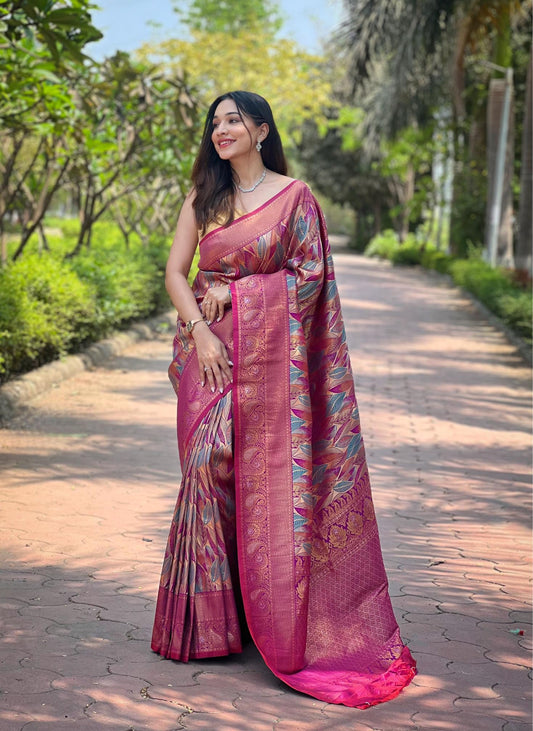 Women's Pink Banarasi Silk Saree with Multicolor Leaf Design & Rich Woven Zari Border