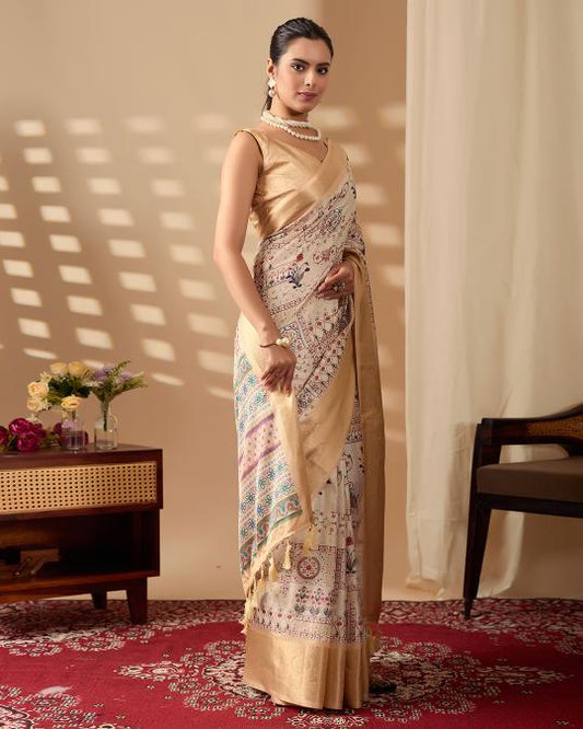 Premium Soft Silk Printed Saree with Rich Gold Zari Woven Border