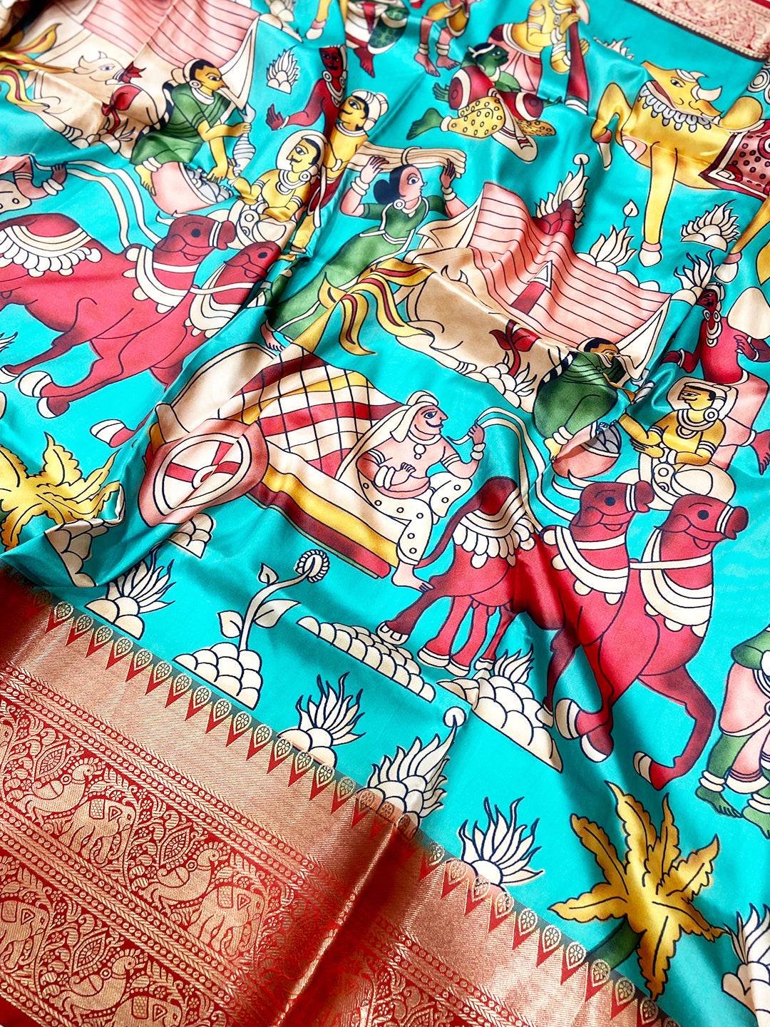 Turquoise Banarasi Silk Kalamkari Saree