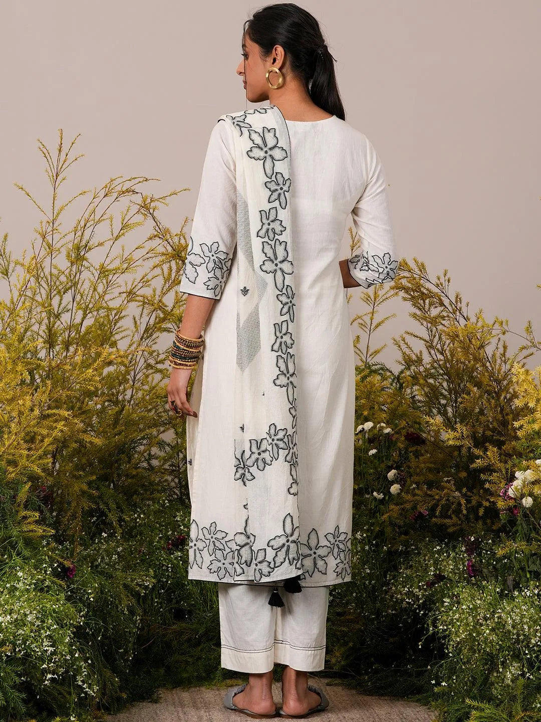 Libas Off White Woven Design Cotton Straight Suit With Dupatta