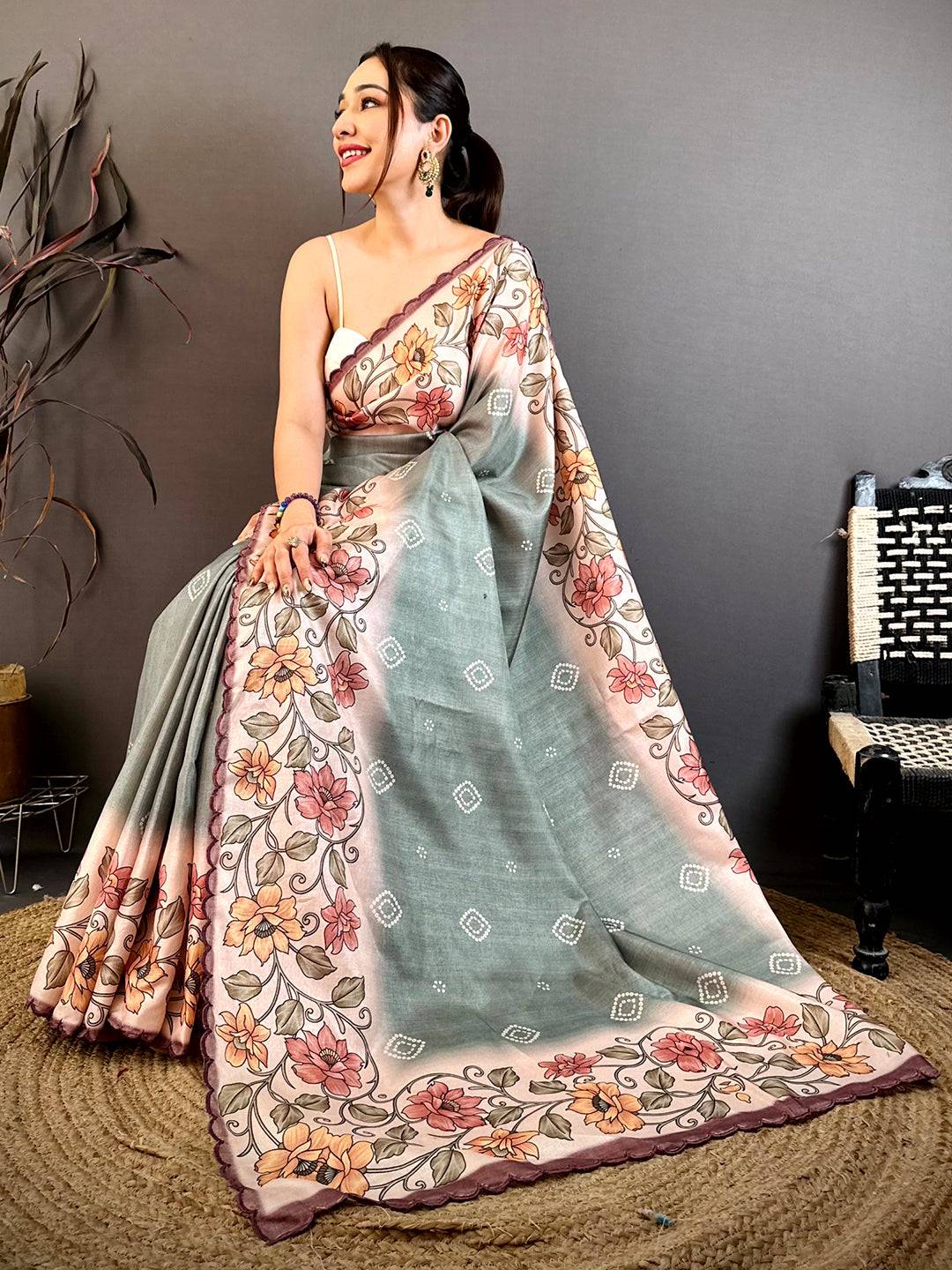 Elegant Floral Bandhani Tussar Saree