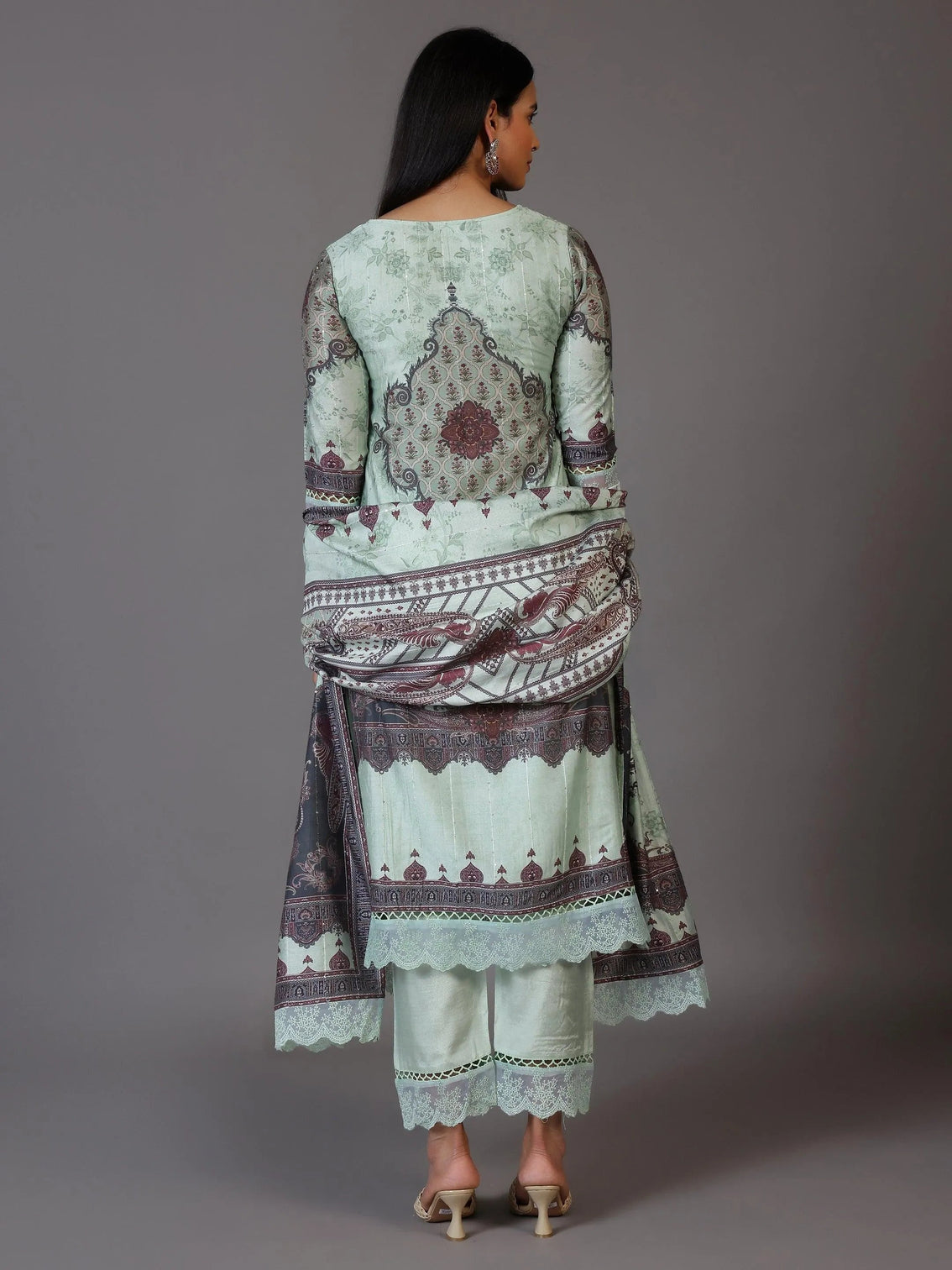 Mameraa Green Printed Silk Blend Pakistani Suit