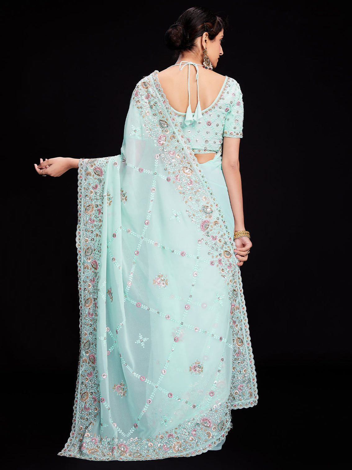 Blue Georgette Embroidered Saree With Unstitched Blouse