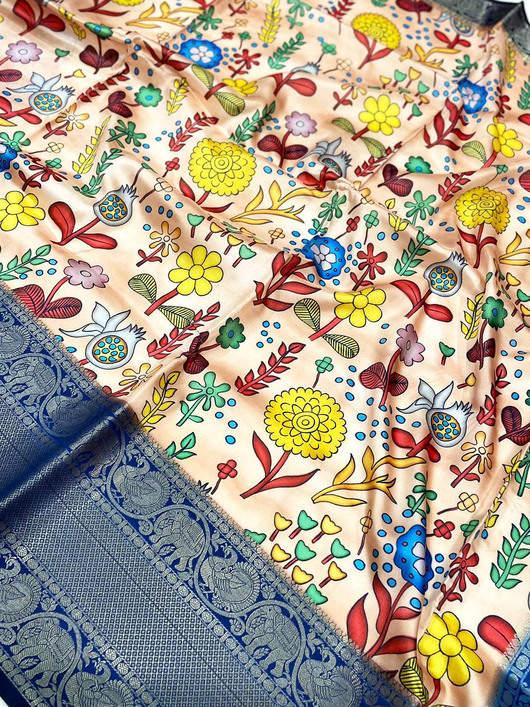 Beige Floral Printed Banarasi Saree