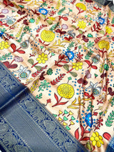Beige Floral Printed Banarasi Saree
