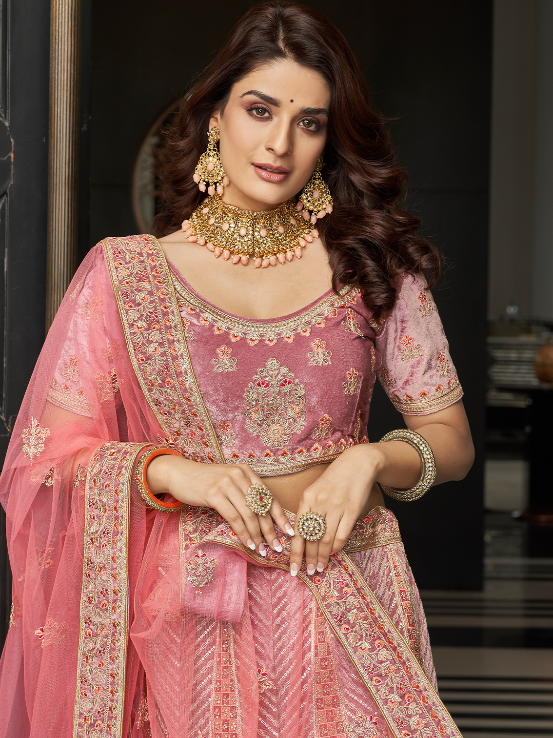 Lilac Velvet Semi Stitched Lehenga With Unstitched Blouse