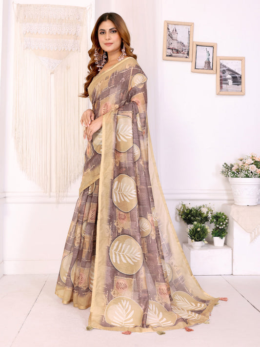Premium Linen Cotton Leaf Printed Saree with Elegant Beige Border