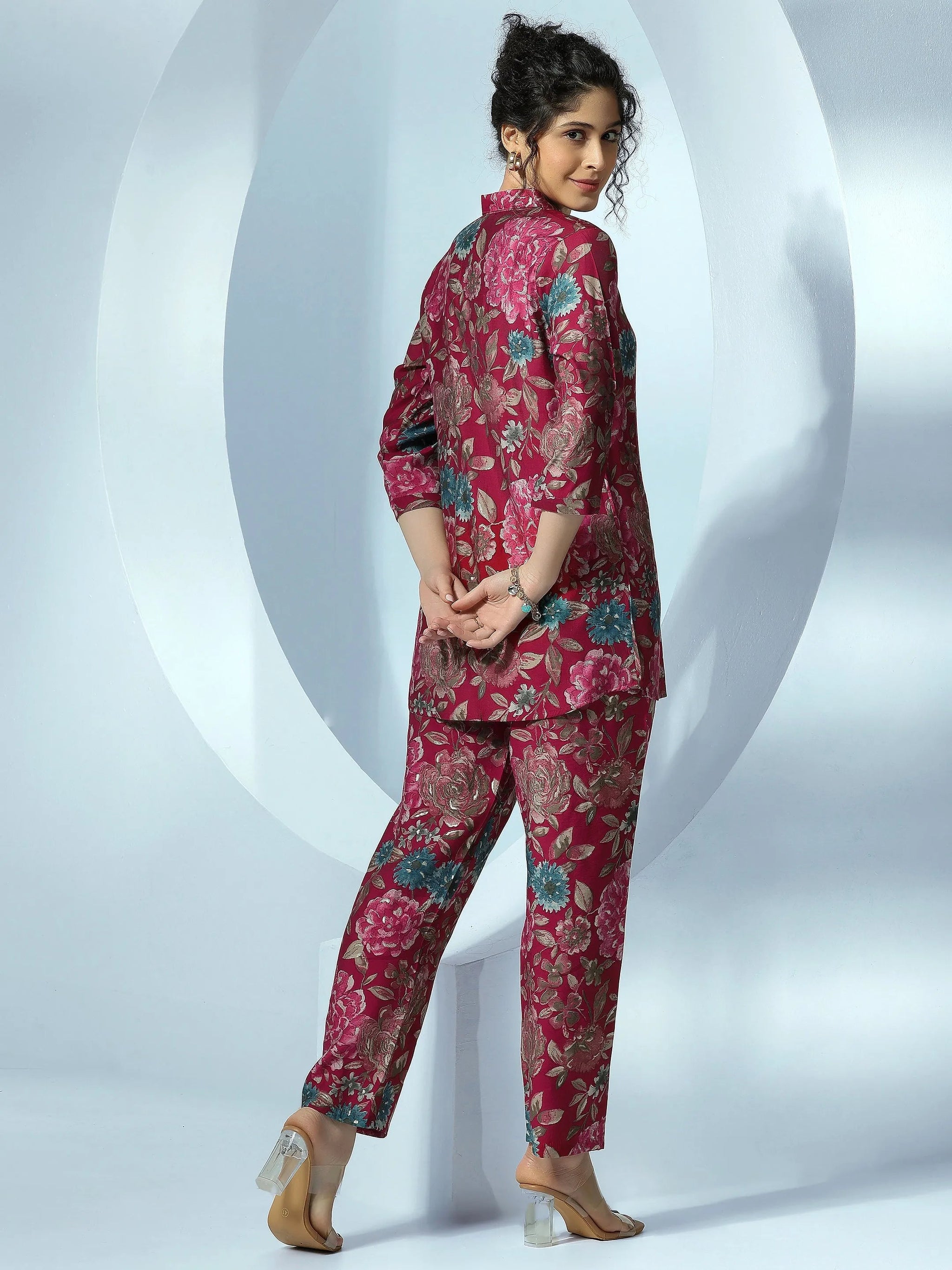 Libas Pink Printed Silk Blend Co-Ords