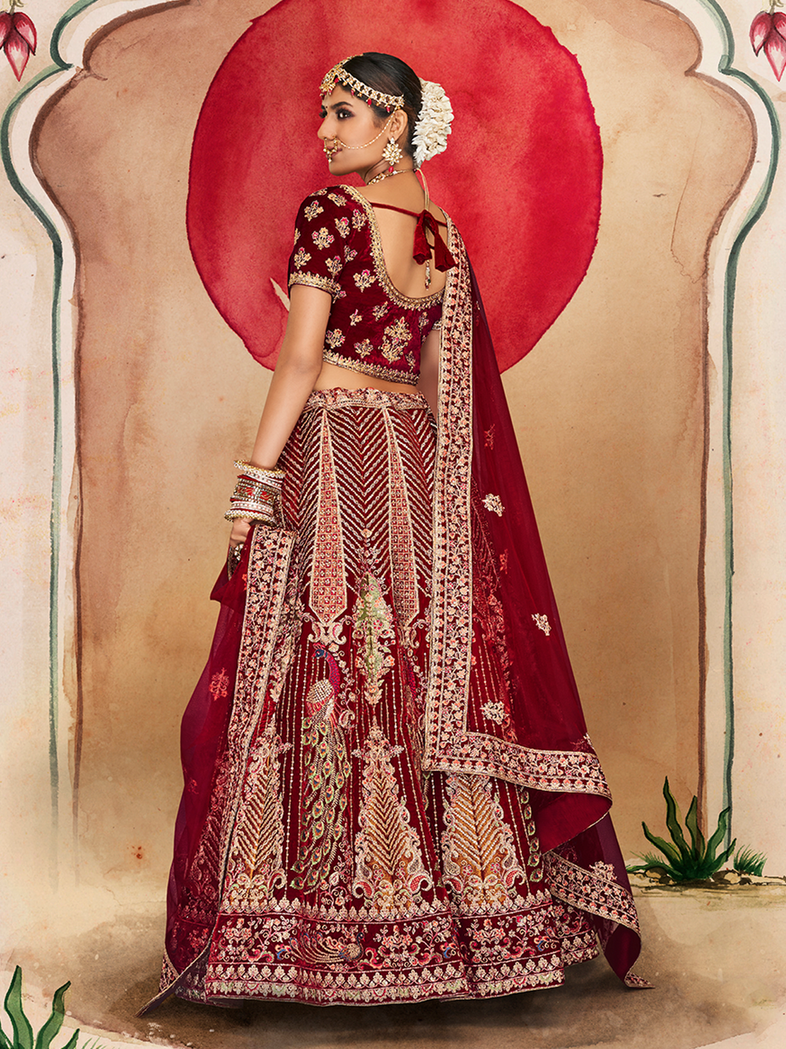 Maroon Velvet Semi Stitched Lehenga With Unstitched Blouse