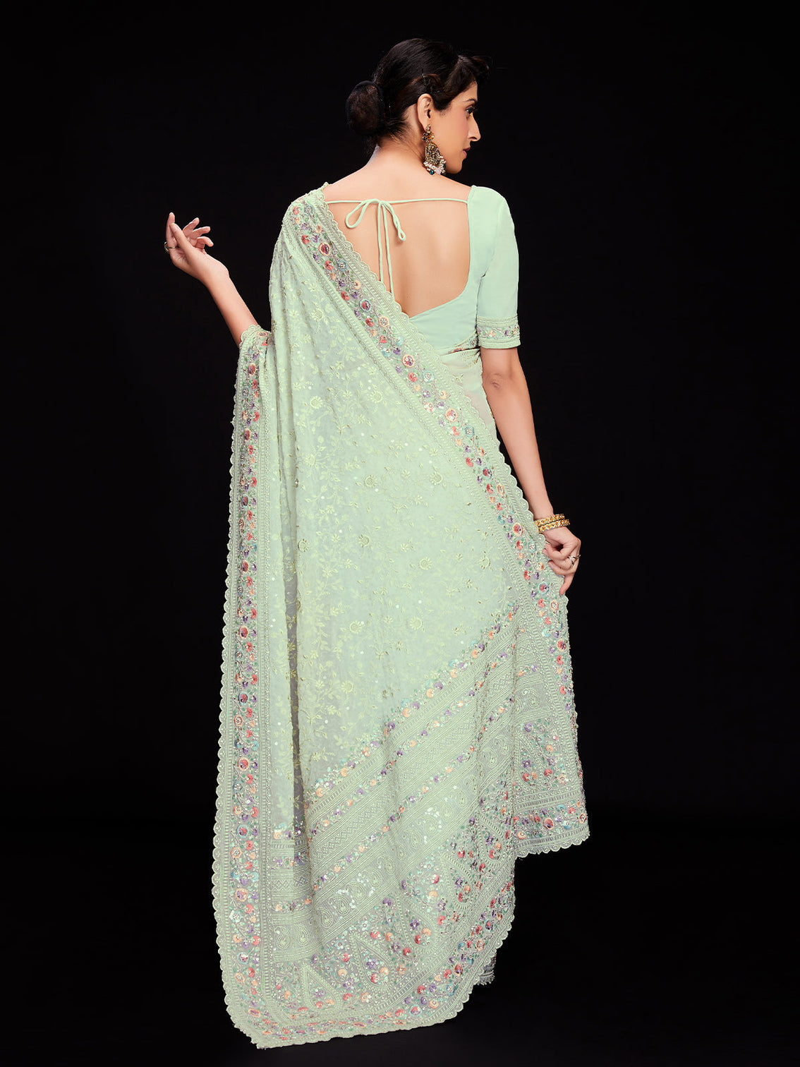 Sea Green Georgette Embroidered Saree With Unstitched Blouse