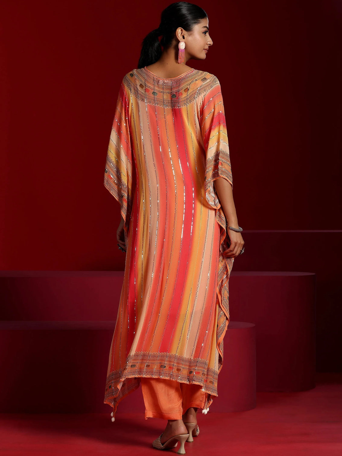 Mameraa Art Orange Printed Poly Georgette 3 Piece Co-Ords