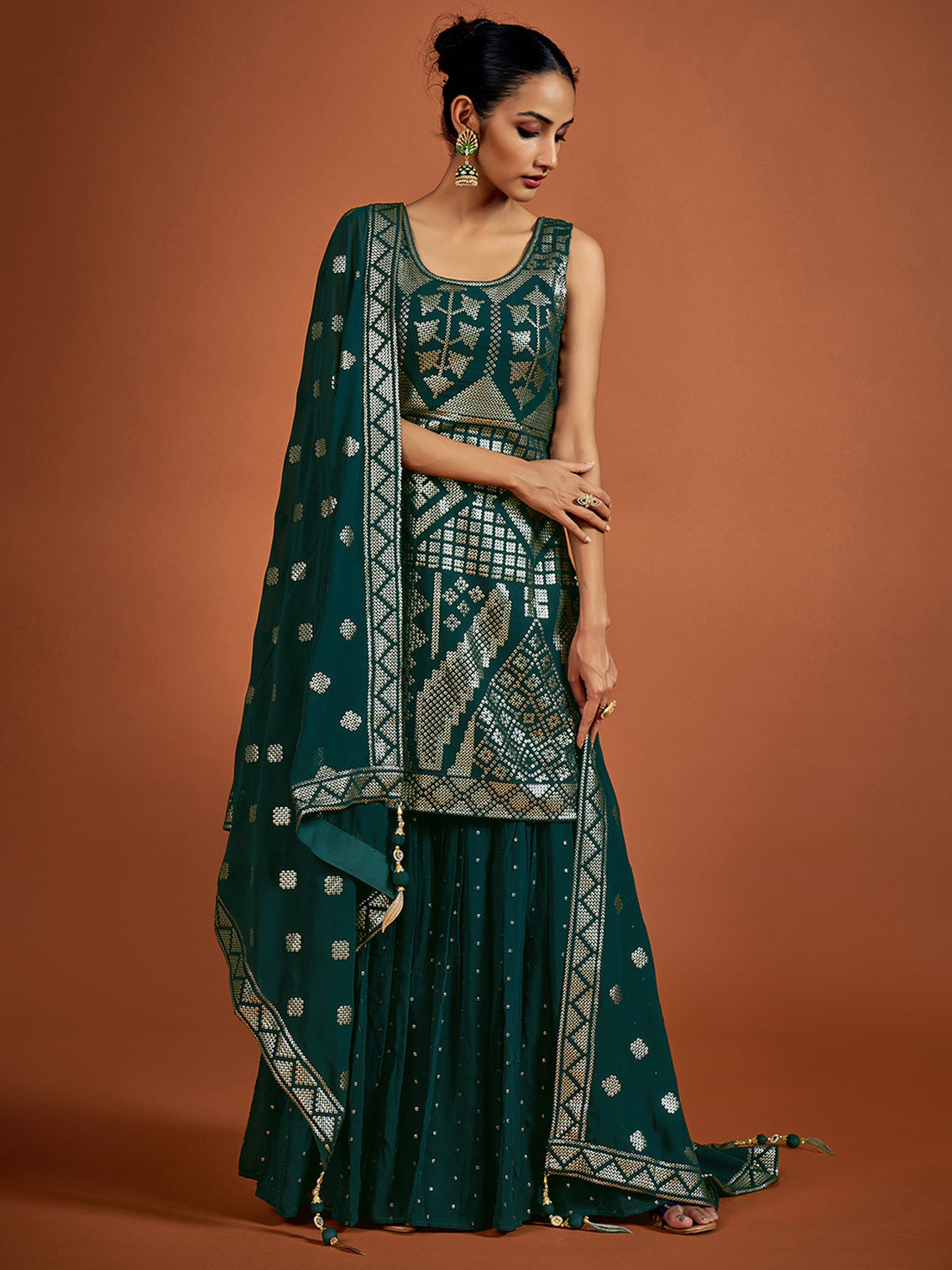 Teal Embroidered Georgette Partywear Stitched Kurta Set