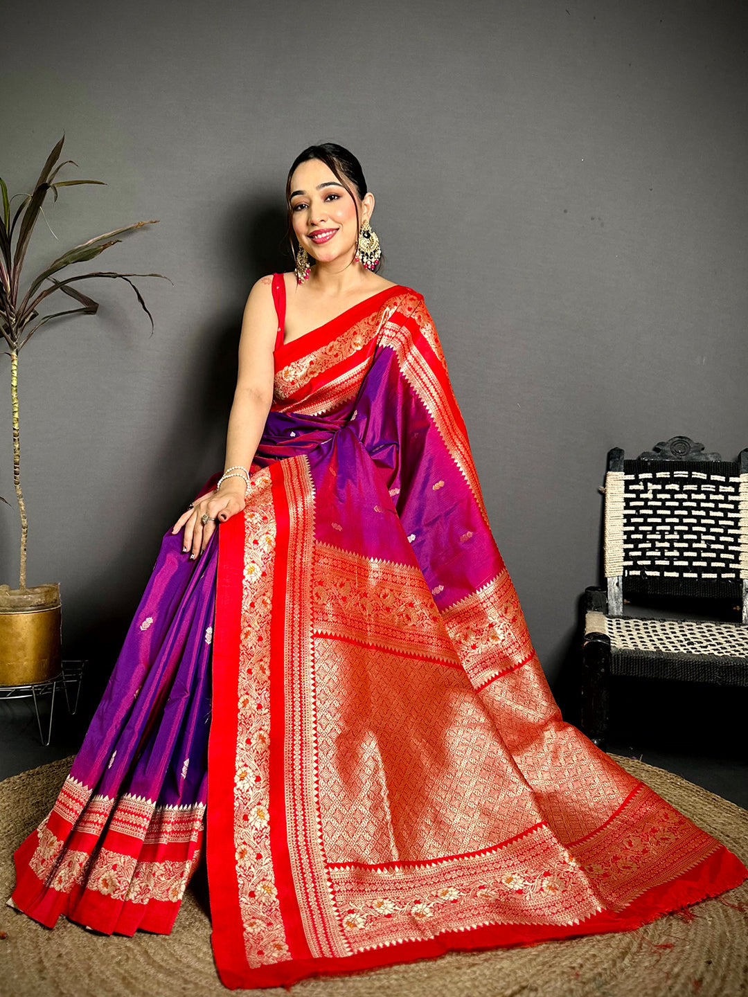 Gold Zari Woven Purple Soft Silk Saree