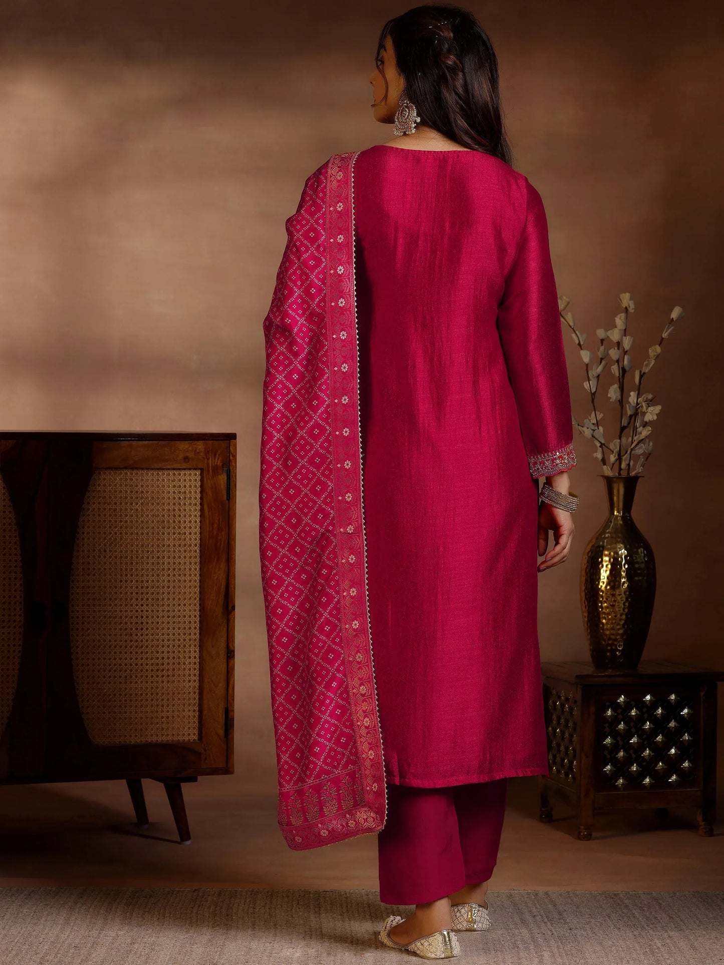 Libas Red Embroidered Silk Blend Straight Suits With Dupatta