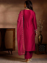Libas Red Embroidered Silk Blend Straight Suits With Dupatta