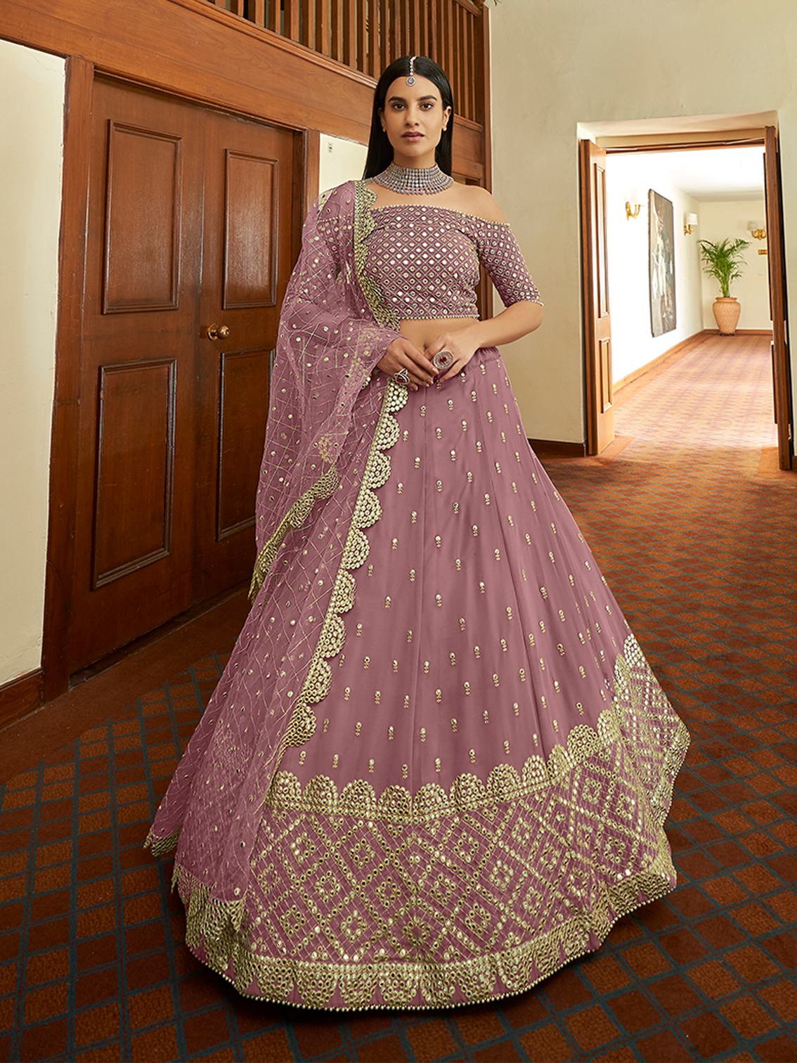 Lilac Georgette Semi Stitched Lehenga With Unstitched Blouse