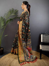 Dark Green Aari Pashmina Print Linen Saree