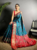 Denim Blue Pochampally Patola Soft Silk Saree
