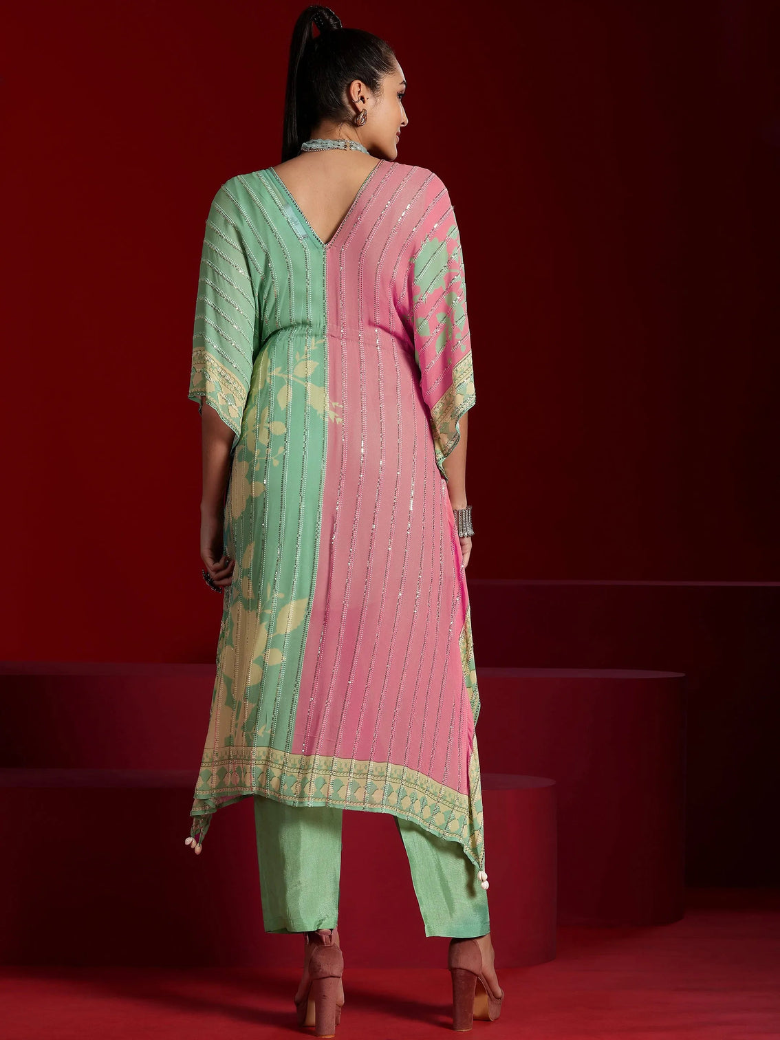 Mameraa Art Sea Green Printed Poly Georgette 3 Piece Co-Ords