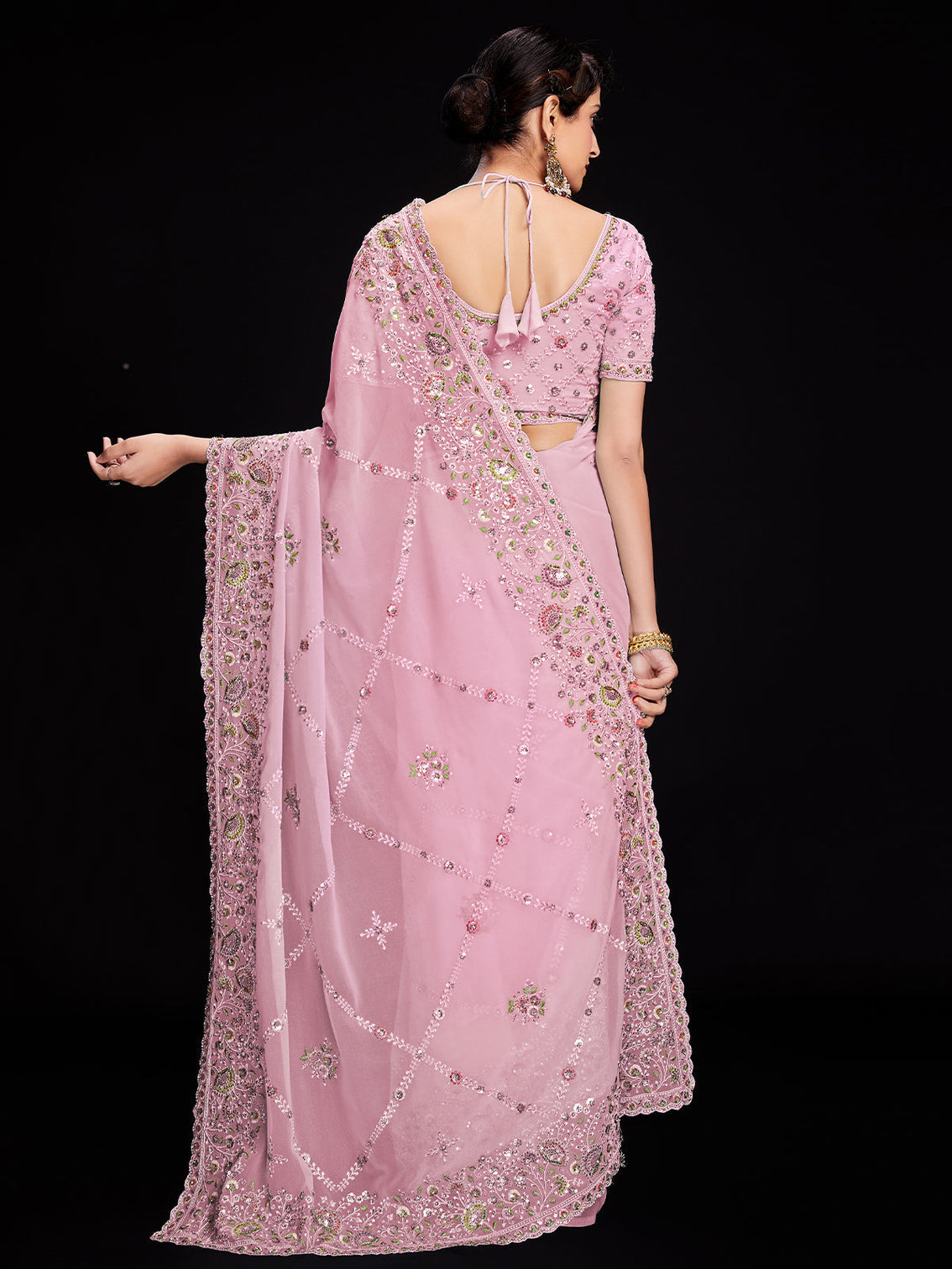Pink Georgette Embroidered Saree With Unstitched Blouse