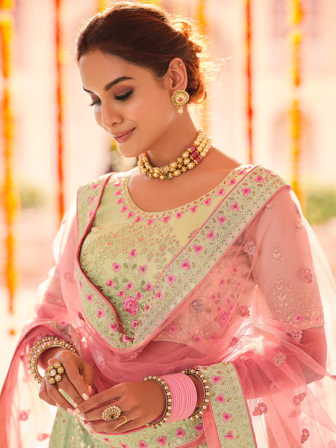 Green Embroidered Georgette Semi Stitched Lehenga With Unstitched Blouse