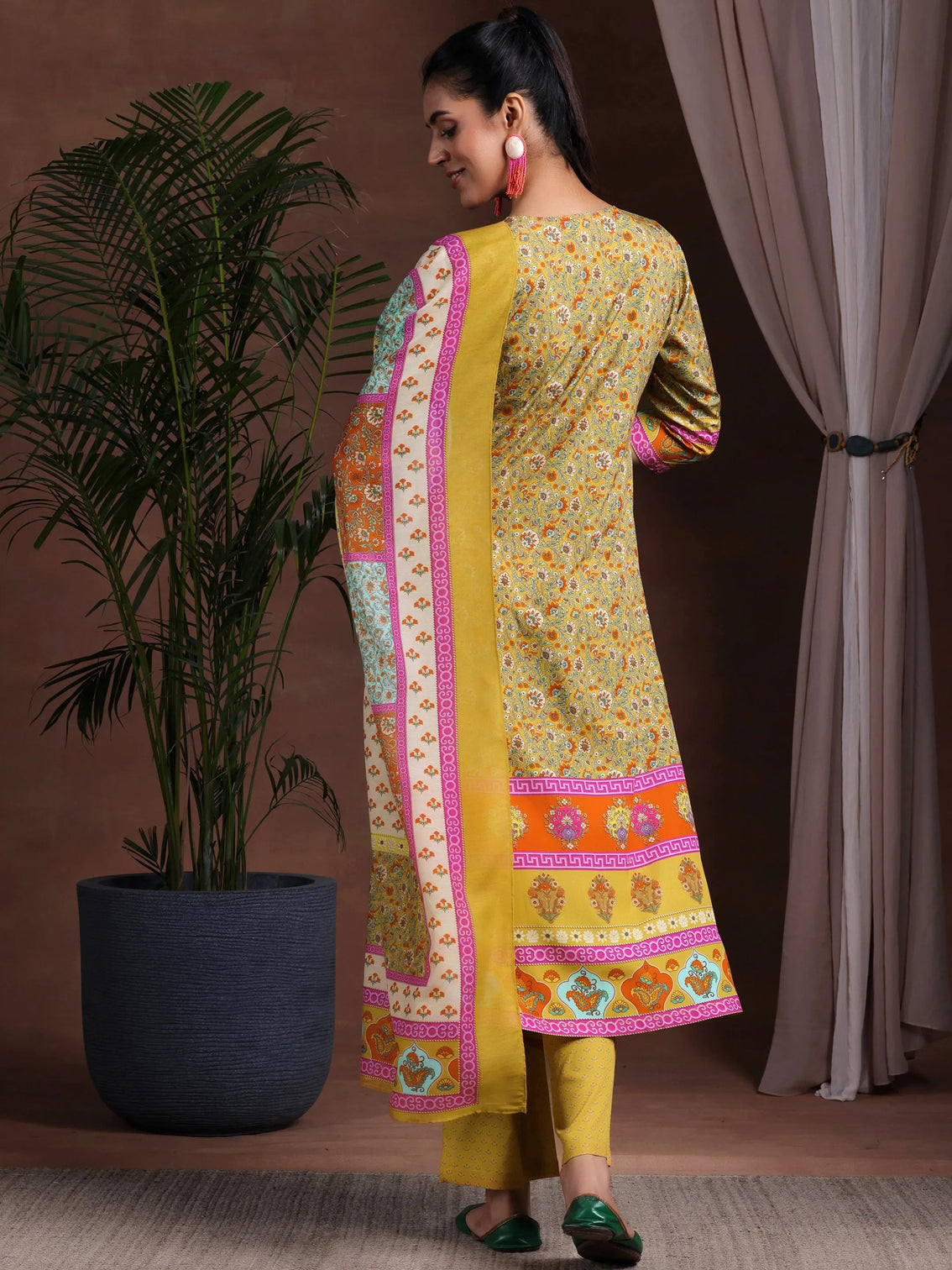 Mameraa Mustard Printed Poly Crepe Straight Suit With Dupatta