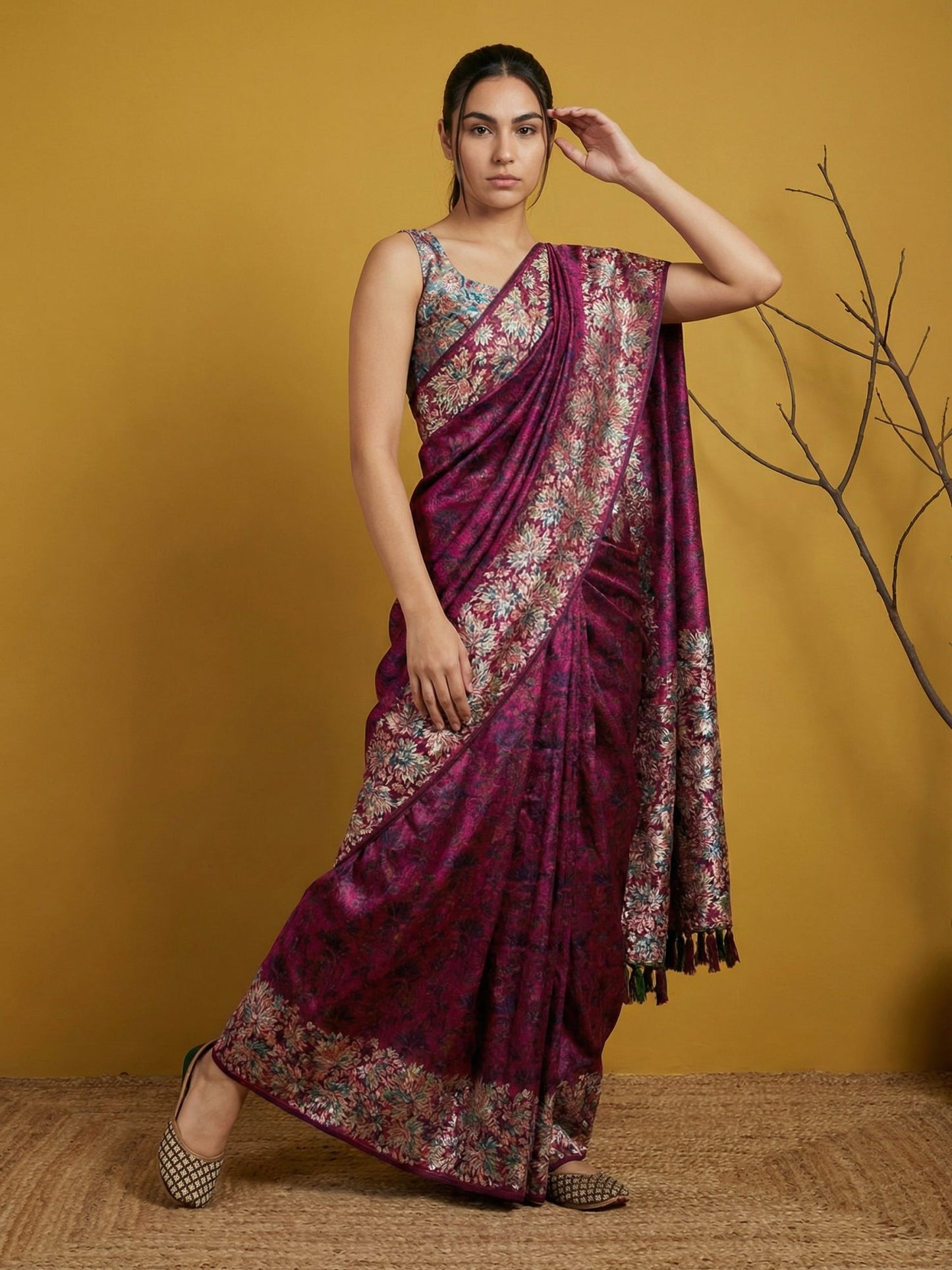 Soft Silk Printed Floral Saree with Rainbow Zari Woven Pallu and Contrast Blouse Festive Party Wear Saree