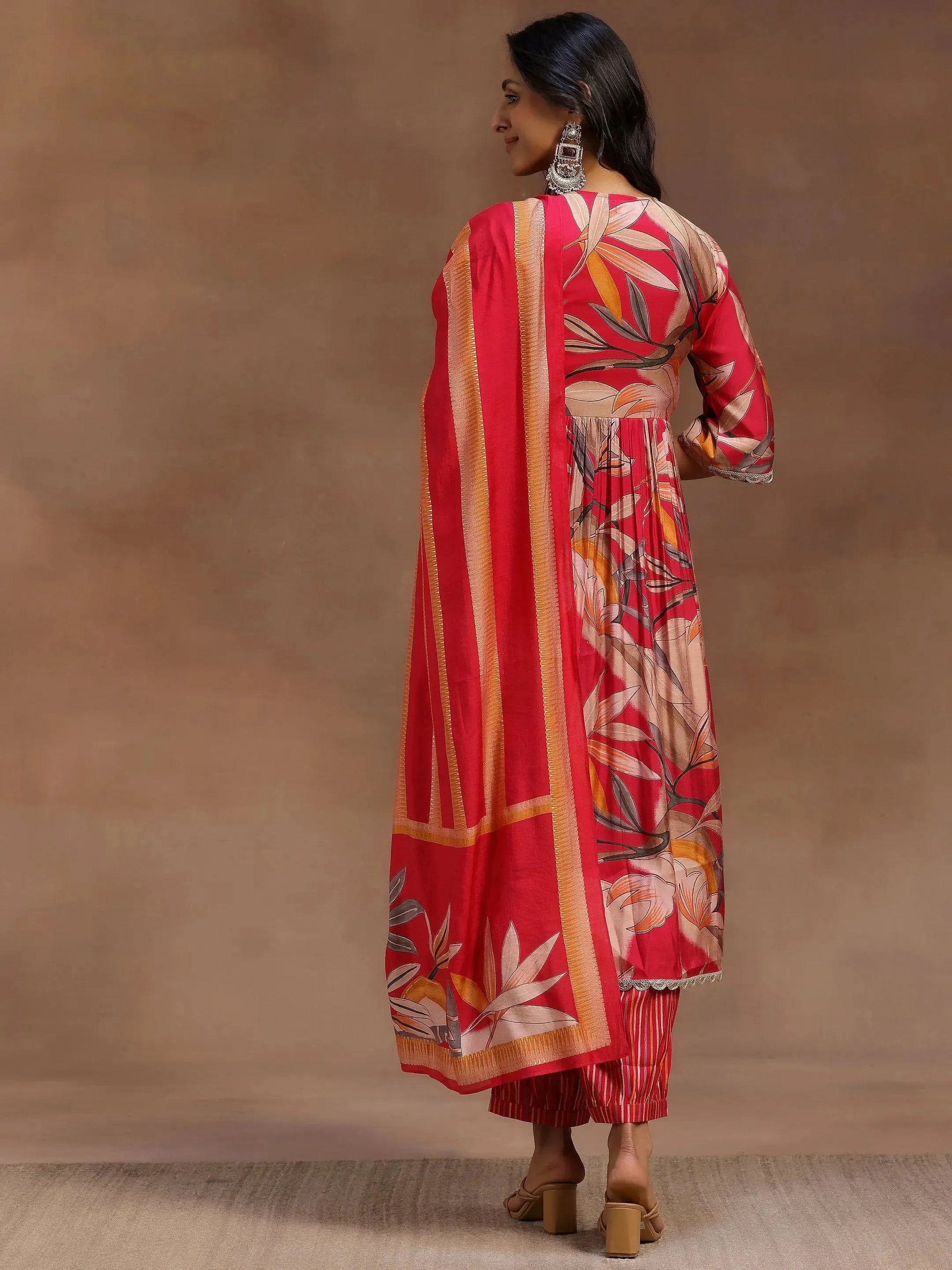 Gerua Pink Printed Silk Blend A-Line Kurta With Salwar & Dupatta