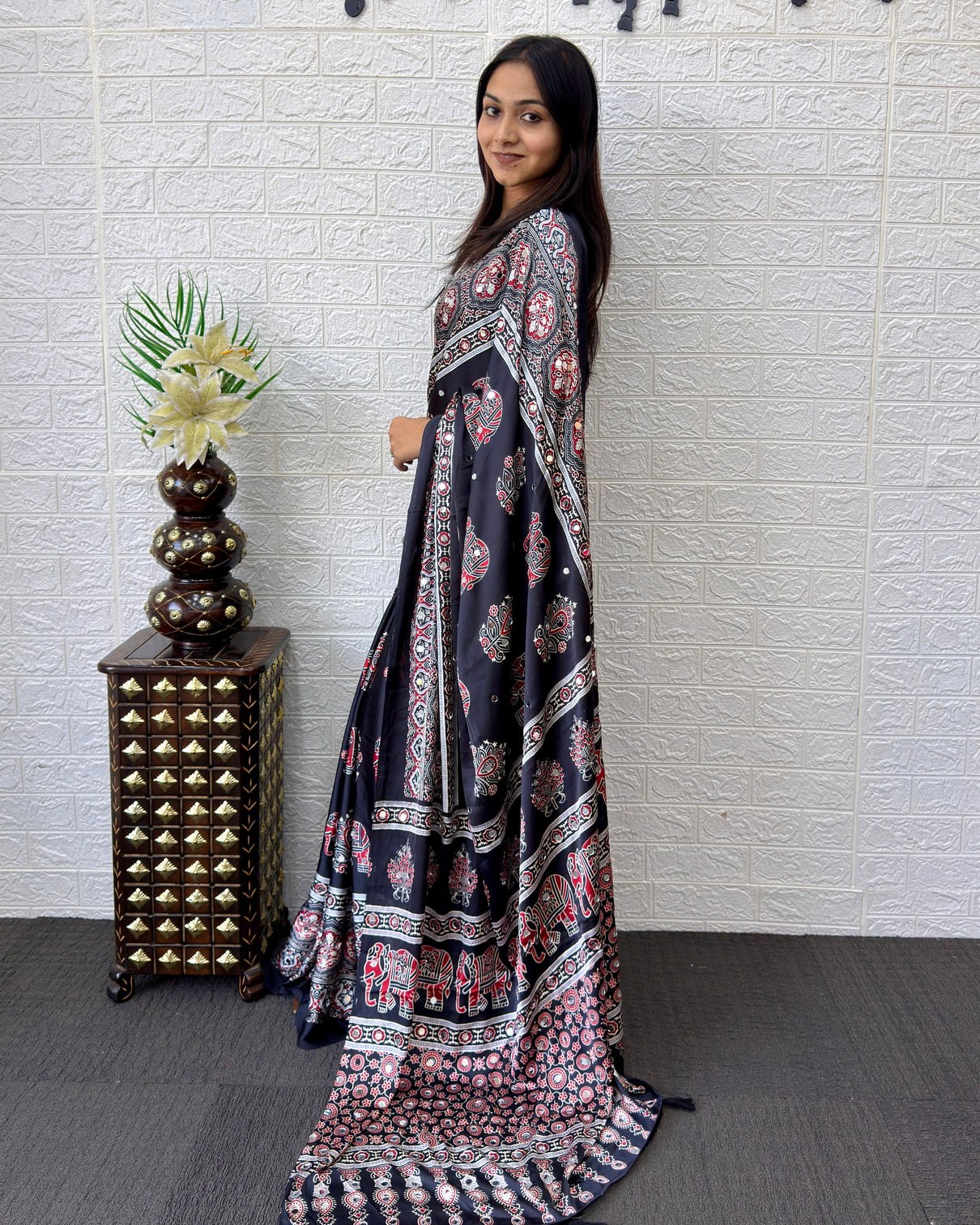 Black modal silk saree with elephant motif ajrakh print heritage designer pallu traditional festive wear saree