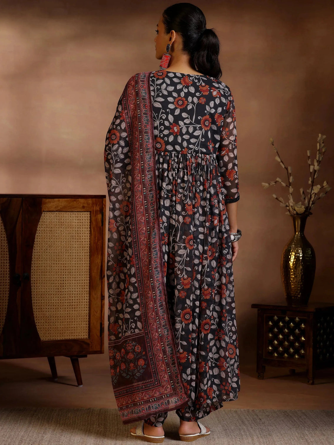 Mameraa Black Printed A-Line Kurta With Palazzos & Dupatta