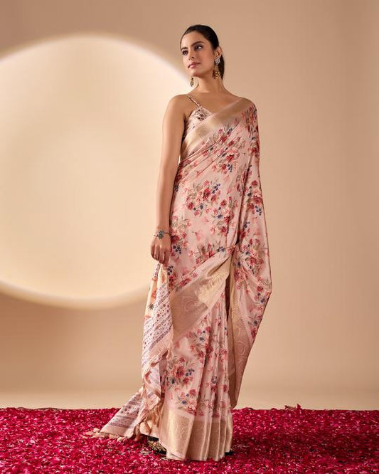 Premium Soft Silk Floral Printed Saree with Rich Gold Zari Woven Border