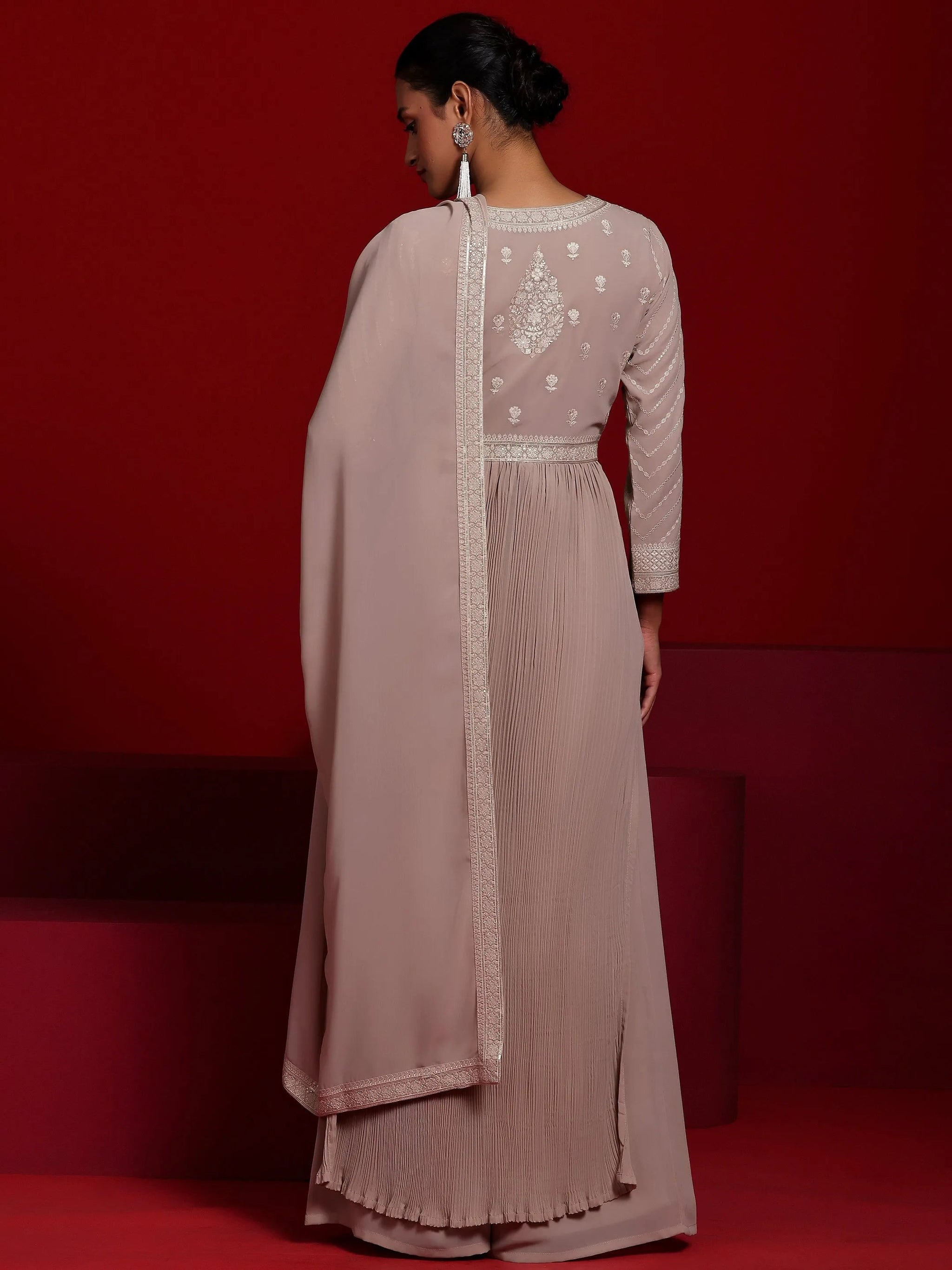 Libas Art Beige Embroidered Georgette A-Line Kurta With Palazzos & Dupatta