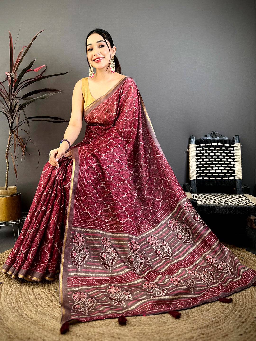 Wine Ajrakh Digital Print Kota Saree