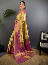 Beige Dharmavaram Gold Birds Print Saree