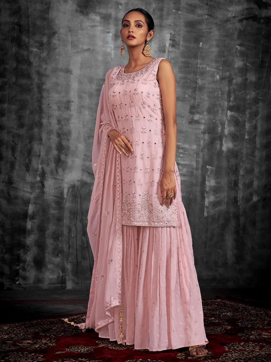 Pink Embroidered Georgette Partywear Stitched Kurta Set