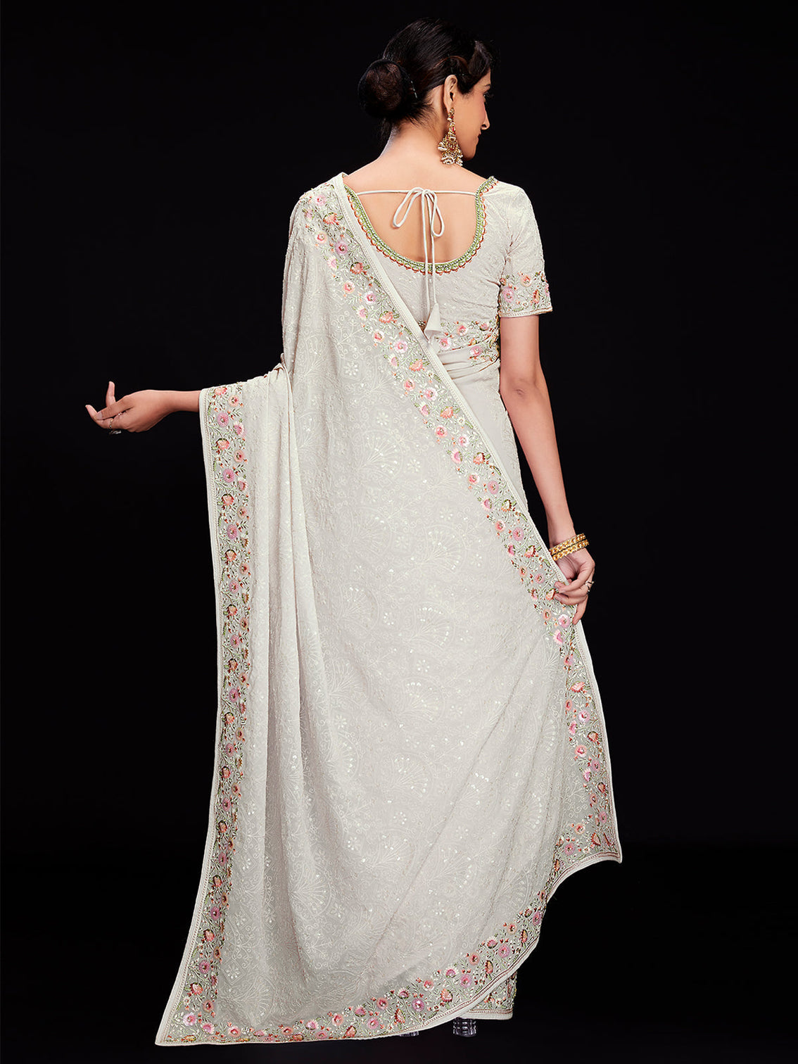 White Georgette Embroidered Saree With Unstitched Blouse