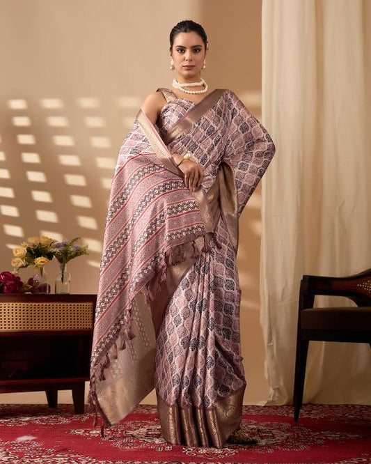 Premium Soft Silk Geometric Printed Saree with Rich Mauve Zari Woven Border